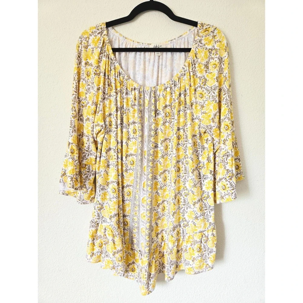 Style & Co Womens 2X Yellow‎ Floral Ruffle 3/4 Sleeve Peasant Top Scoop Neck